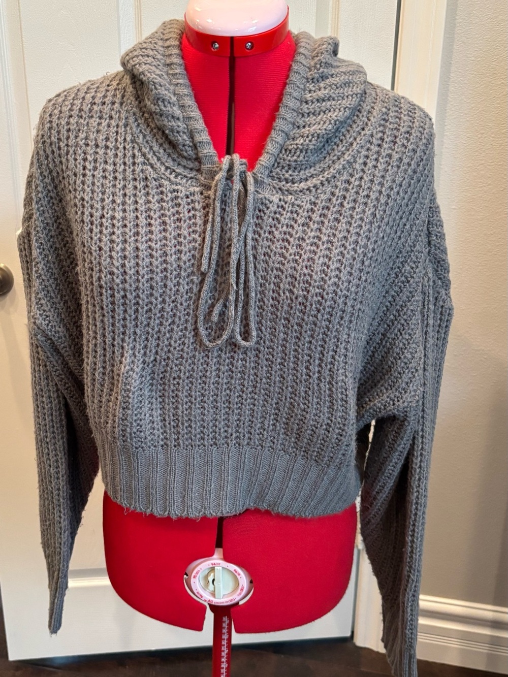 PrettyLittleThing Gray Waffle Cowl Drawstring Sweater